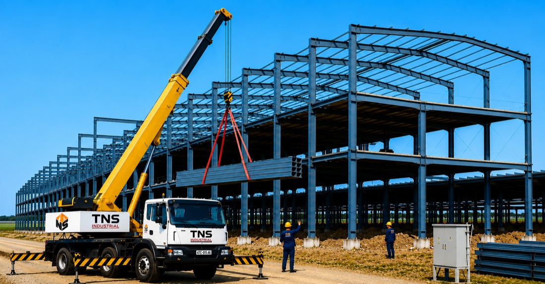 Cẩu lắp dựng kết cấu thép tại công trường TNS Industrial