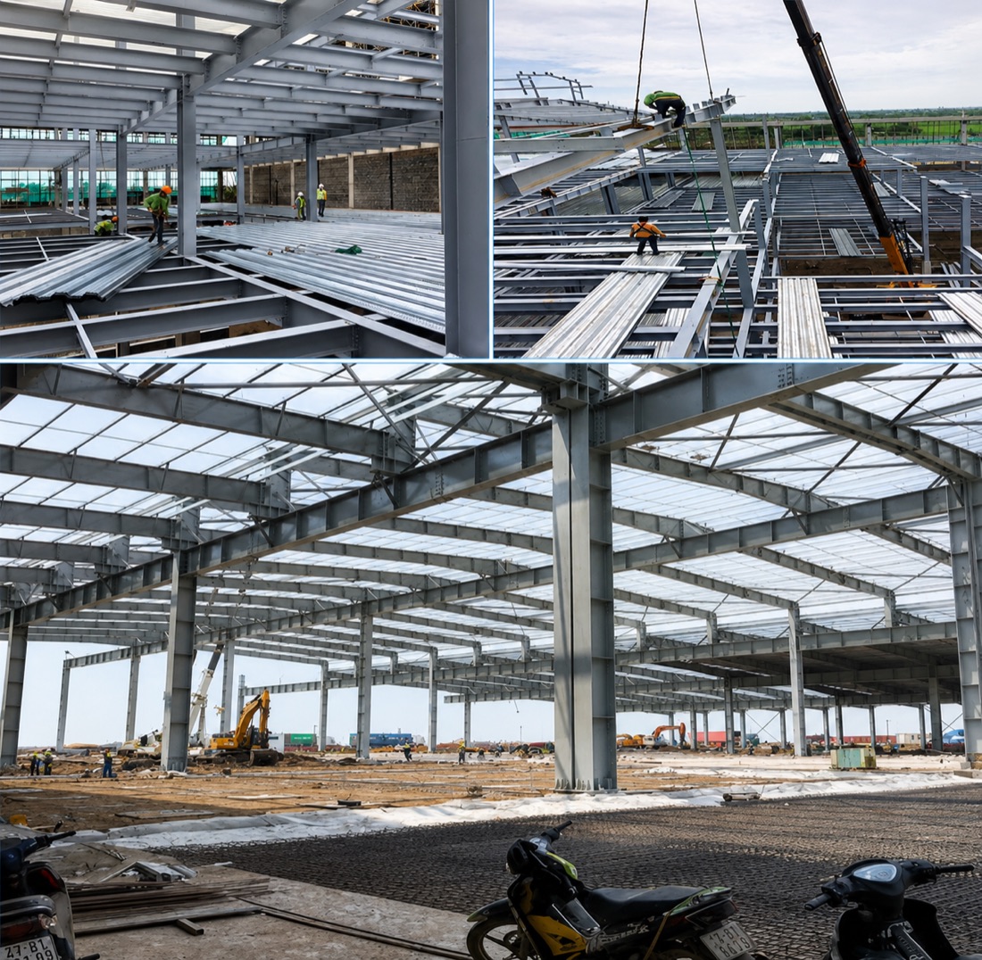 Công trường Nhà máy Việt Long Hưng thi công kết cấu thép
