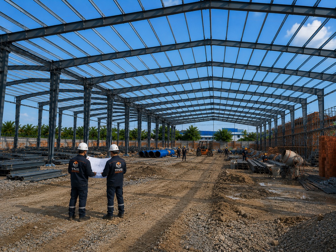 Kỹ sư TNS kiểm tra bản vẽ tại công trường nhà xưởng thép